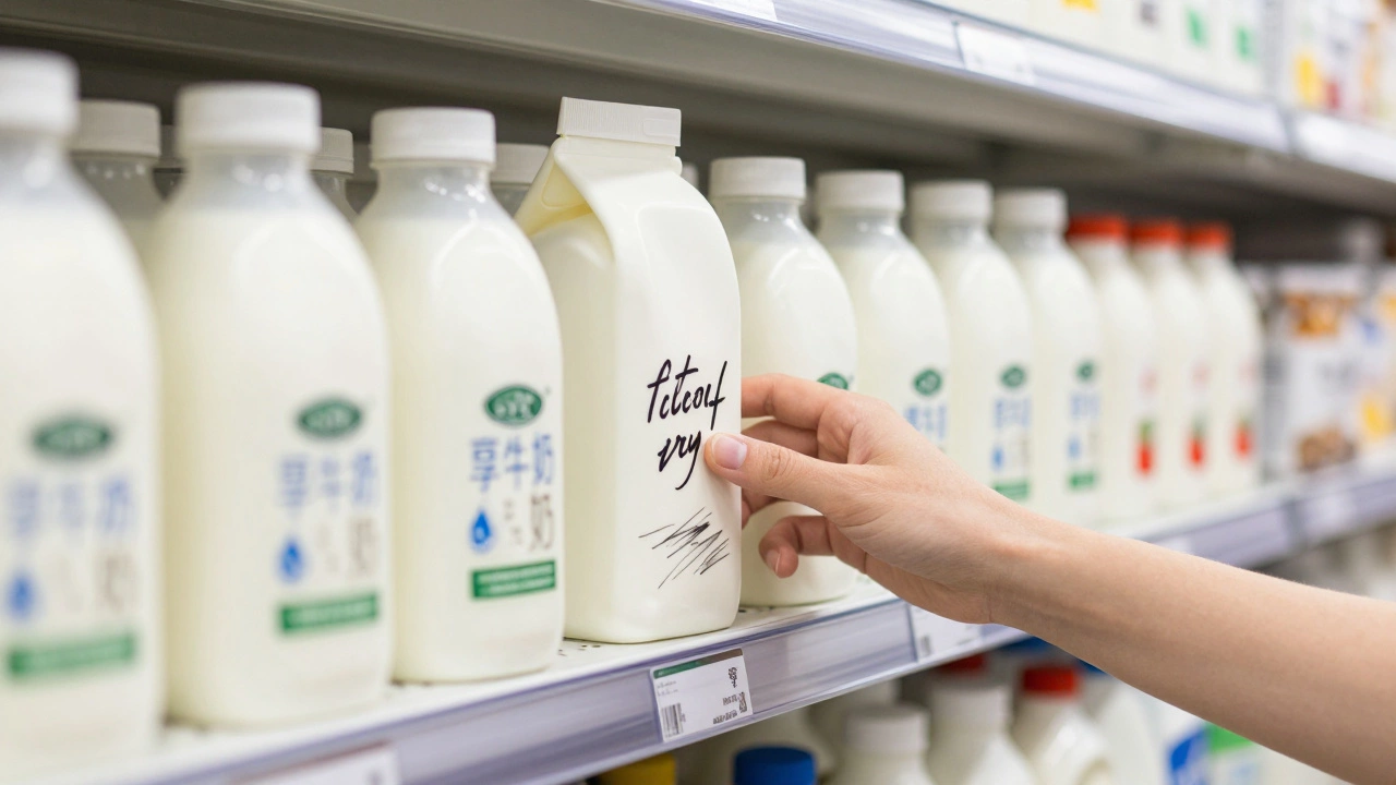 Покупатель выбирает молочный продукт с матовой, ручной упаковкой среди обычных коробок в магазине.