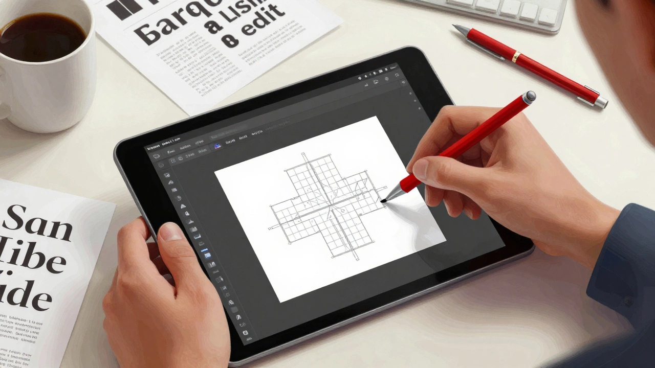 Руки работают с Figma, вокруг — чашка кофе, типографские образцы и русская булавка, мягкий свет подчеркивает концентрацию.