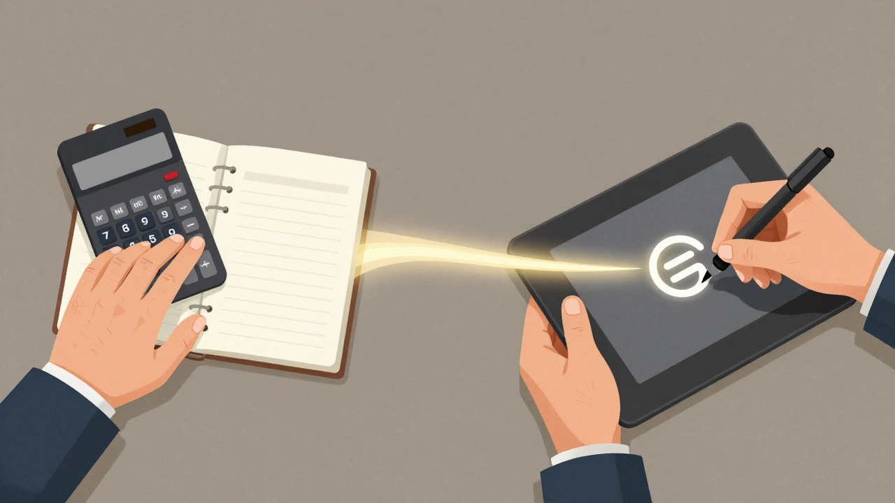 Руки: с одной стороны — бухгалтерские книги, с другой — рисование логотипа на планшете, соединённые световой дорожкой.