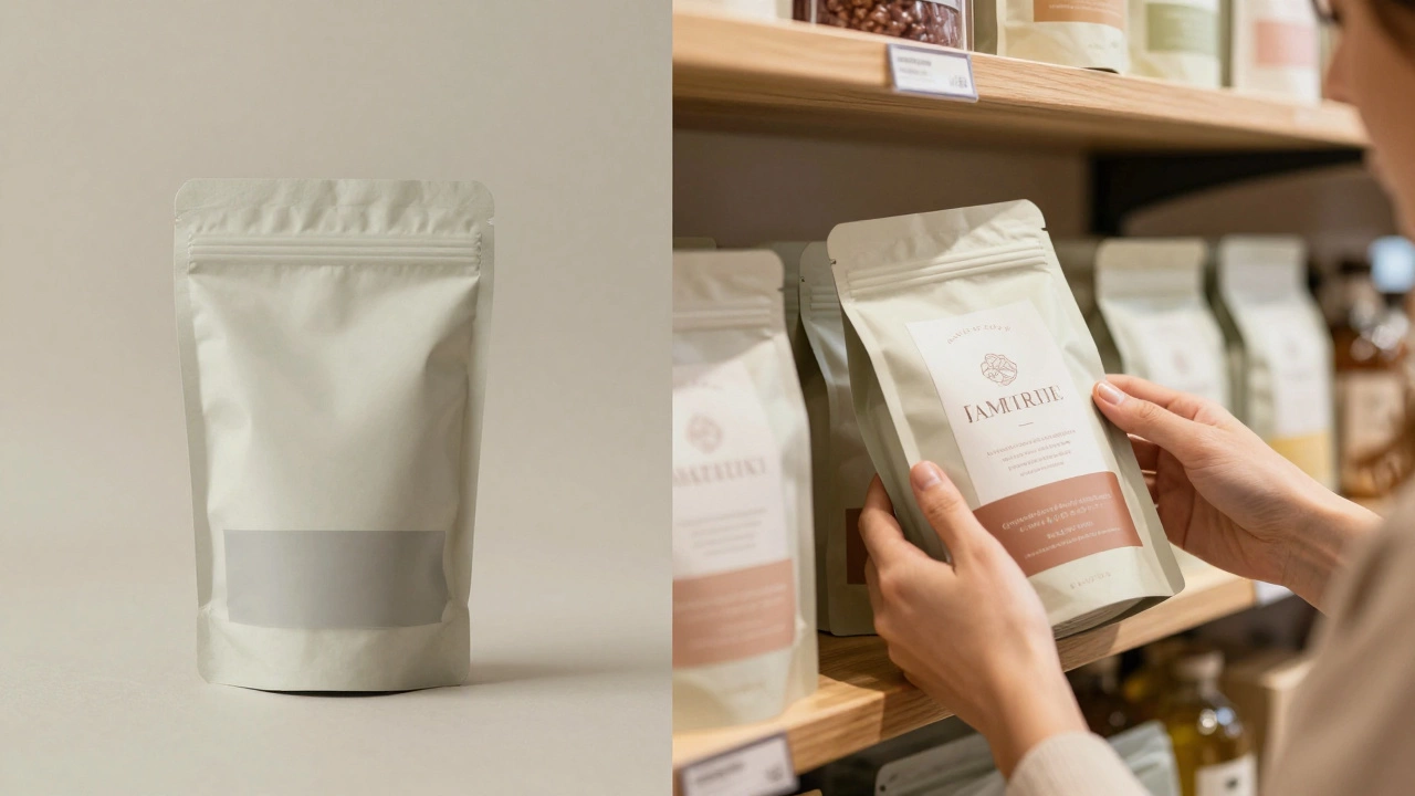 Сравнение обычной упаковки и дизайнерской — новая упаковка привлекает покупателей в магазине.