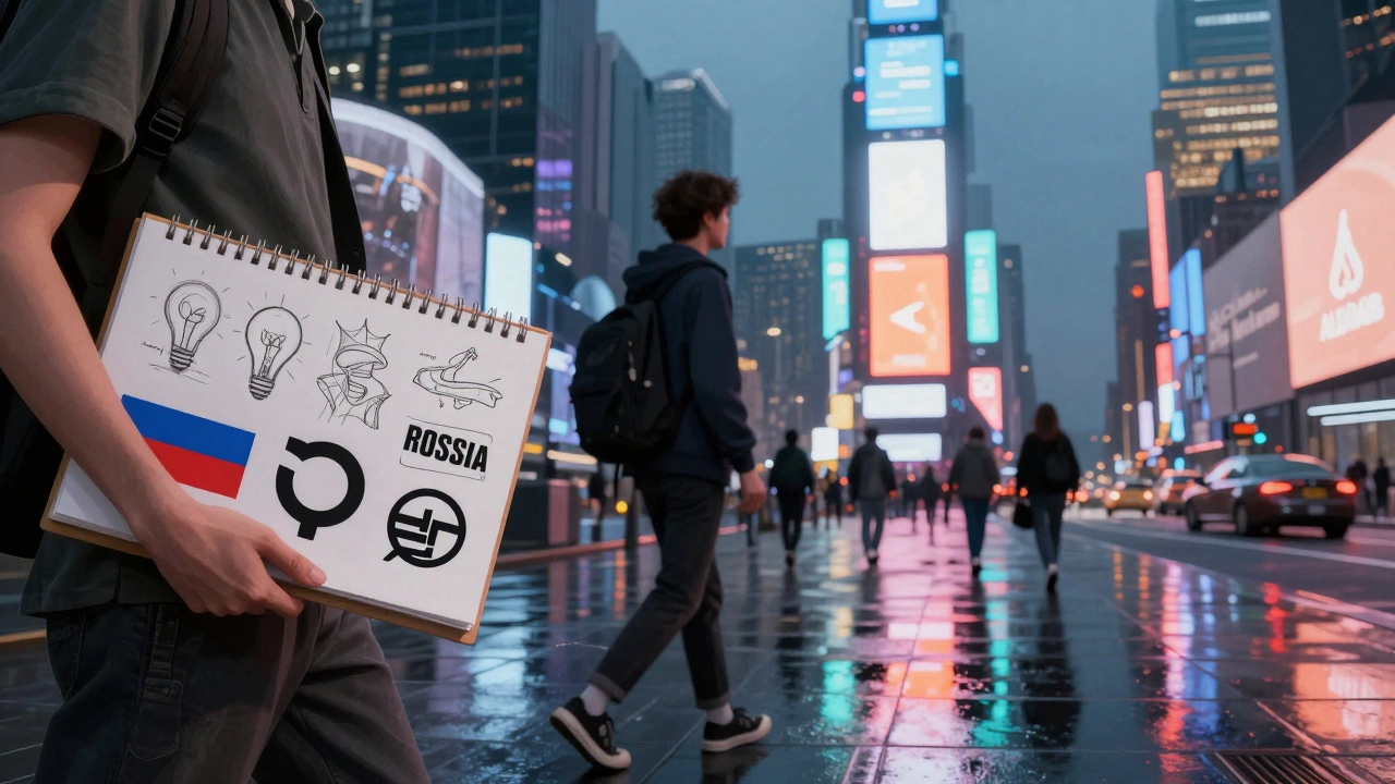 Студент с портфолио идет по Нью-Йорку, позади — логотипы Apple, Nike и Airbnb, отражения интерфейсов на мокрой улице.