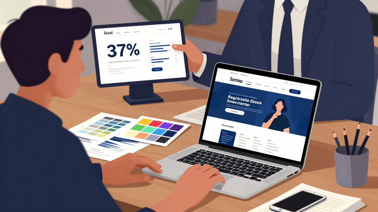 Веб-дизайнер и UX-дизайнер рядом, визуально демонстрируя разницу в зарплатах и влиянии на бизнес.