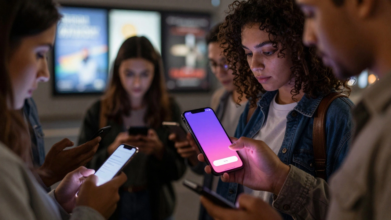 Человек останавливается, чтобы нажать на кнопку в мобильном приложении с градиентной палитрой, остальные рекламы игнорируются.