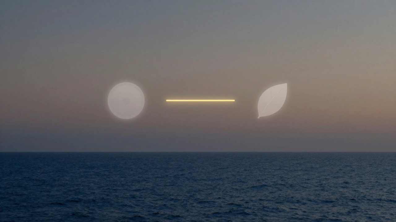 Горизонт океана, переходящий в закатный серый, с едва заметными цифровыми элементами, символизирующими спокойствие.