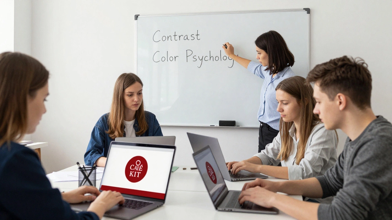 Группа дизайнеров в офисе создает логотипы в Canva, на стене — принципы визуального дизайна без эскизов.