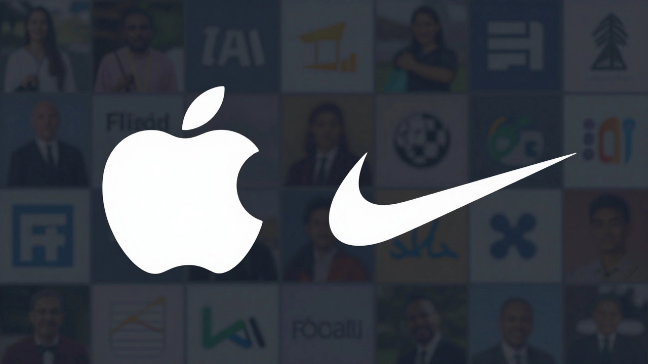 Логотипы Apple и Nike, созданные из простых геометрических форм, без ручного рисования, с фоном из стоковых изображений и шрифтов.