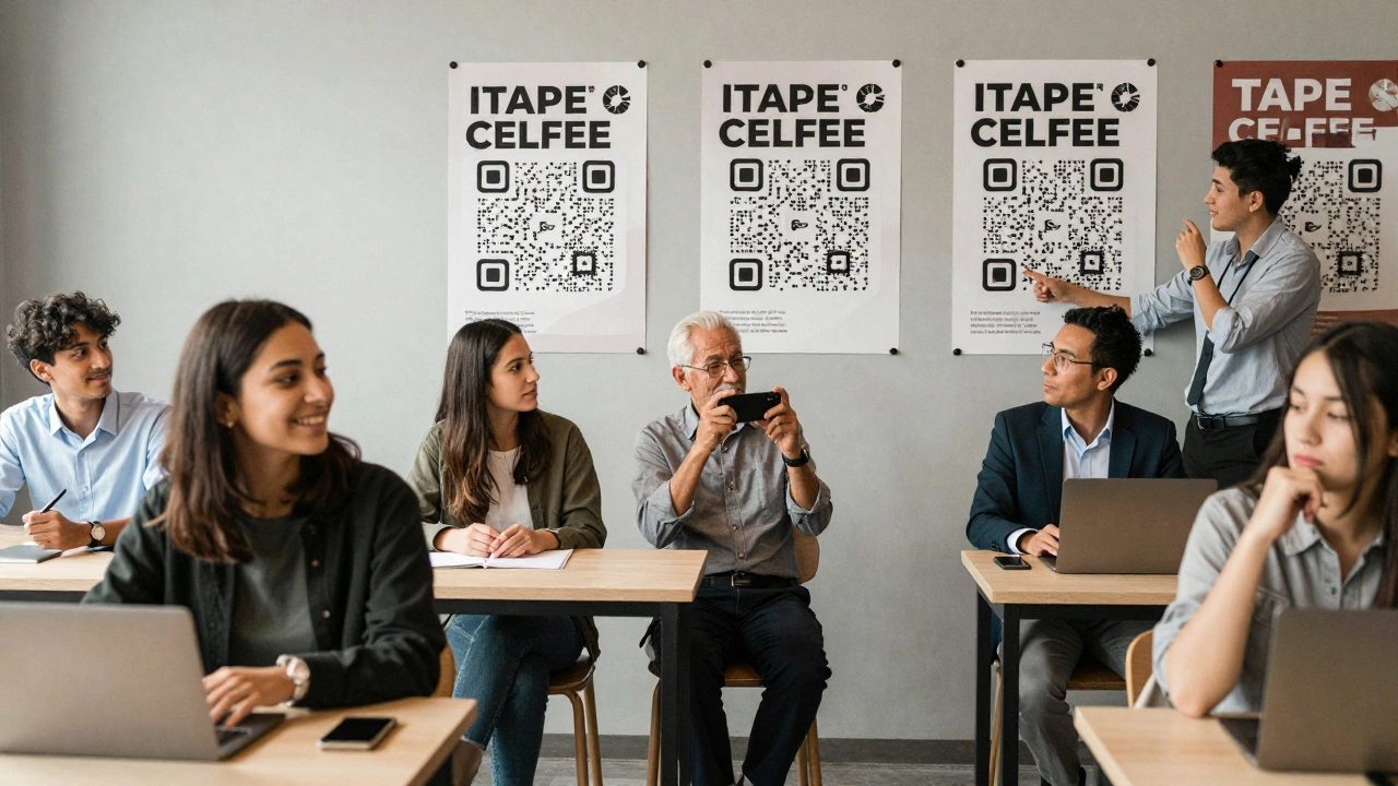 Люди реагируют на плакат кофейни с QR-кодом — один фотографирует, другой указывает на дизайн.