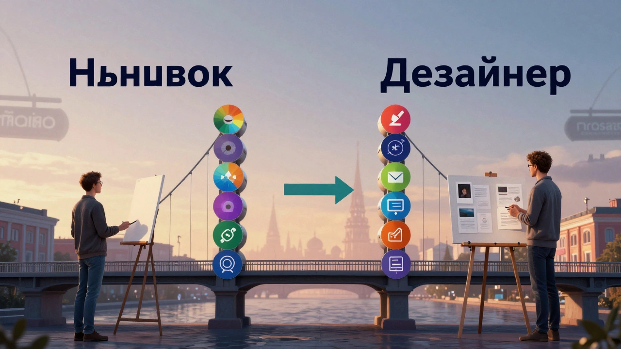 Мост из элементов дизайна соединяет новичка и профессионала, с фоном российских городских символов.