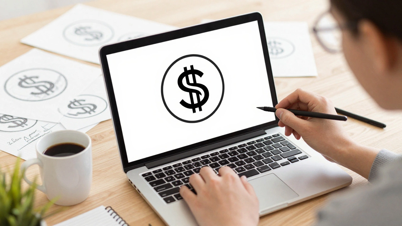 Новичок создаёт векторный логотип на ноутбуке с эскизами.