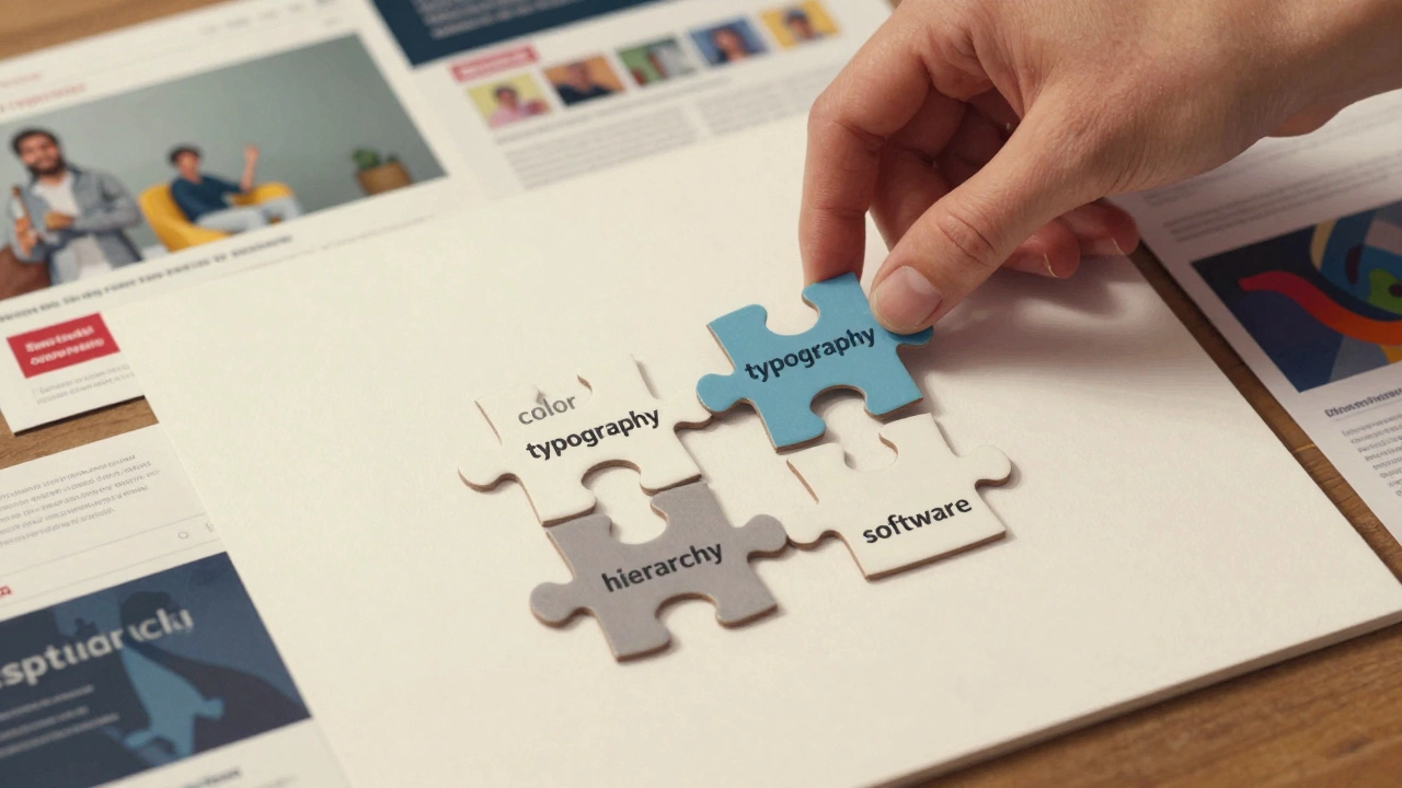 Рука собирает пазлы с элементами дизайна — цвет, шрифт, пространство — чтобы сложить логотип, подчеркивая структуру, а не рисование.