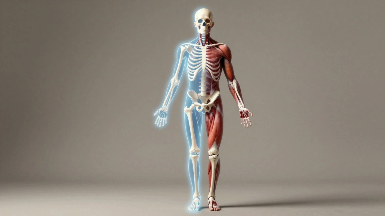 Скелет из векторных линий с реалистичной кожей и текстурами поверх — метафора Illustrator и Photoshop.