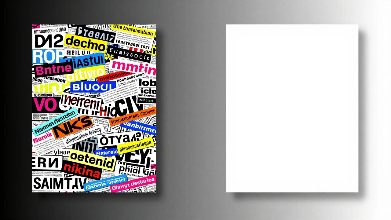 Сравнение хаотичного и минималистичного дизайна: слева — перегруженный плакат, справа — чистый логотип.