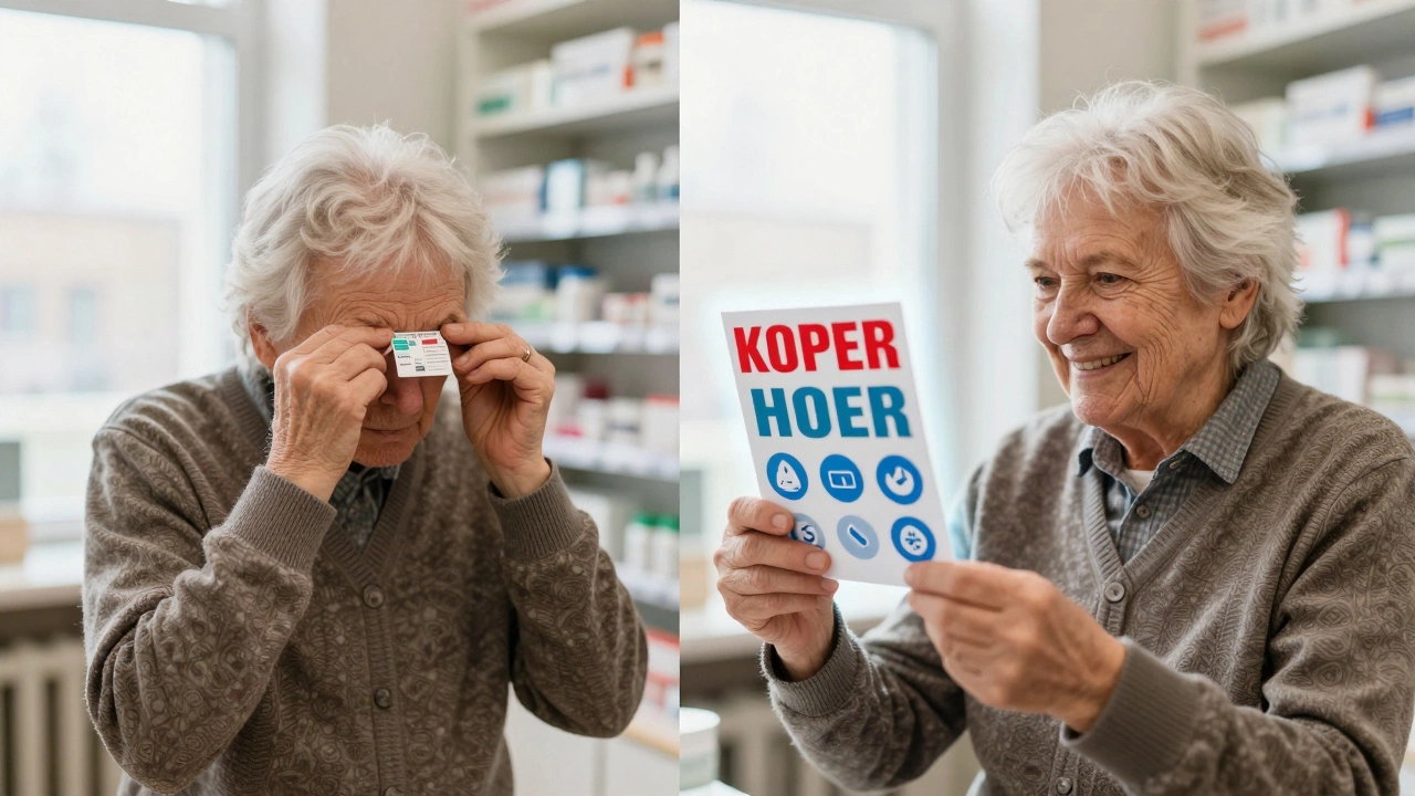 Сравнение старого и нового оформления этикетки в аптеке: крупный шрифт и иконки помогают пожилому человеку.