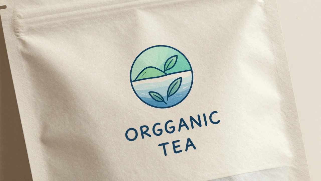 Упаковка органического чая с серо-бежевым фоном, тёплым зелёным акцентом и синим шрифтом.