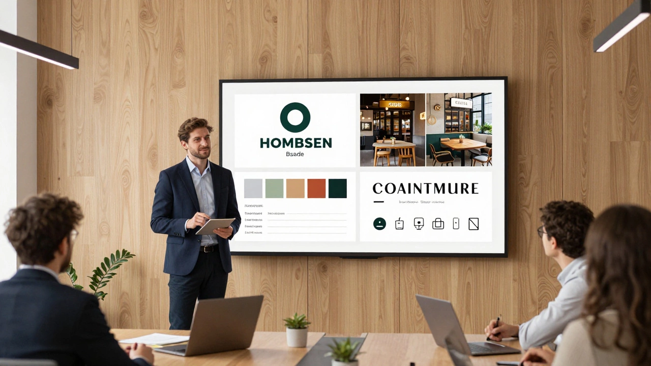 Бизнесмен представляет клиенту полную бренд-идентичность: логотип, цвета и шрифты на экране.