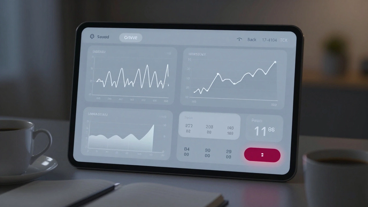 Цифровой интерфейс в серо-голубом цвете с акцентной красной кнопкой, на фоне тихой ночной комнаты, передает ясность и спокойствие.
