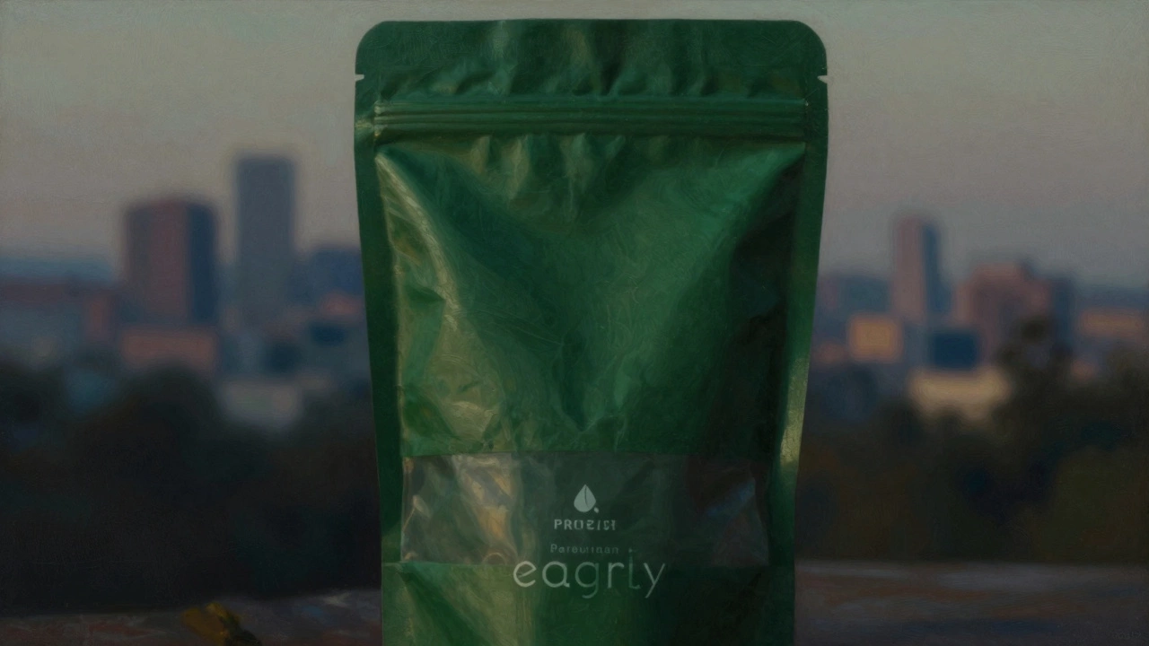 Глубокий изумрудный цвет на упаковке экологичного продукта, с тусклым городским силуэтом на фоне, передает устойчивость и спокойствие.