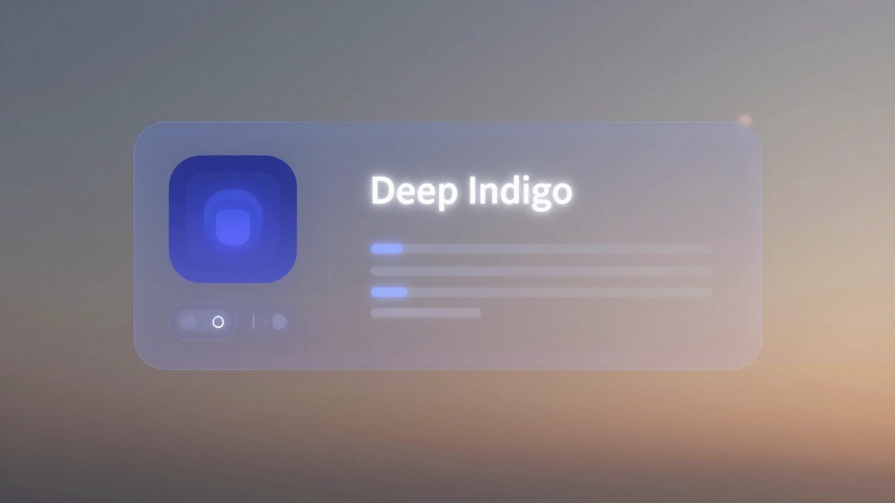 Интерфейс ИИ с глубоким индиго на теплом сером фоне, мягкий свет, атмосфера умной надежности.