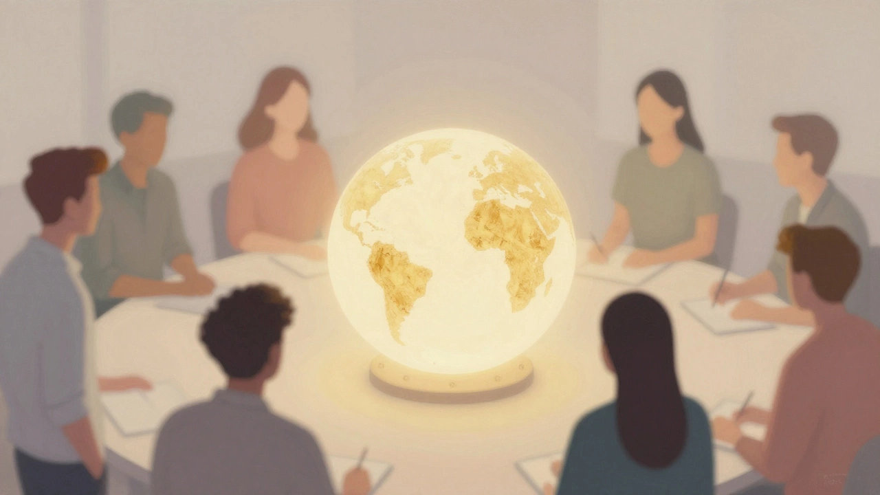 Команда специалистов сотрудничает вокруг светящегося источника идей.