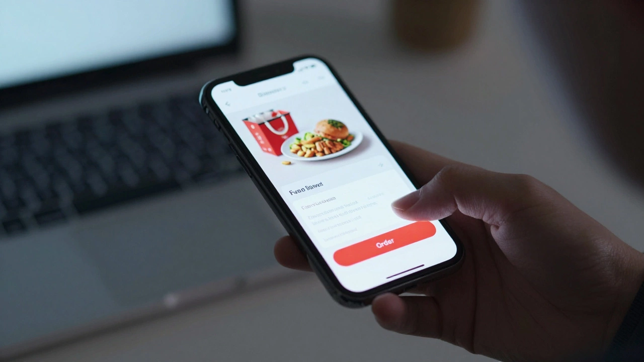 Красная кнопка 'Заказать' на экране телефона — центр внимания в интерфейсе приложения.