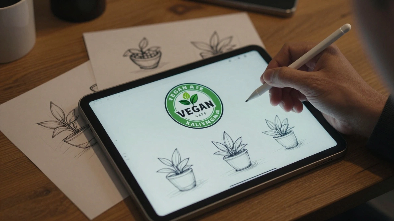 Разработка логотипа для кафе: эскизы и финальный вариант на планшете.