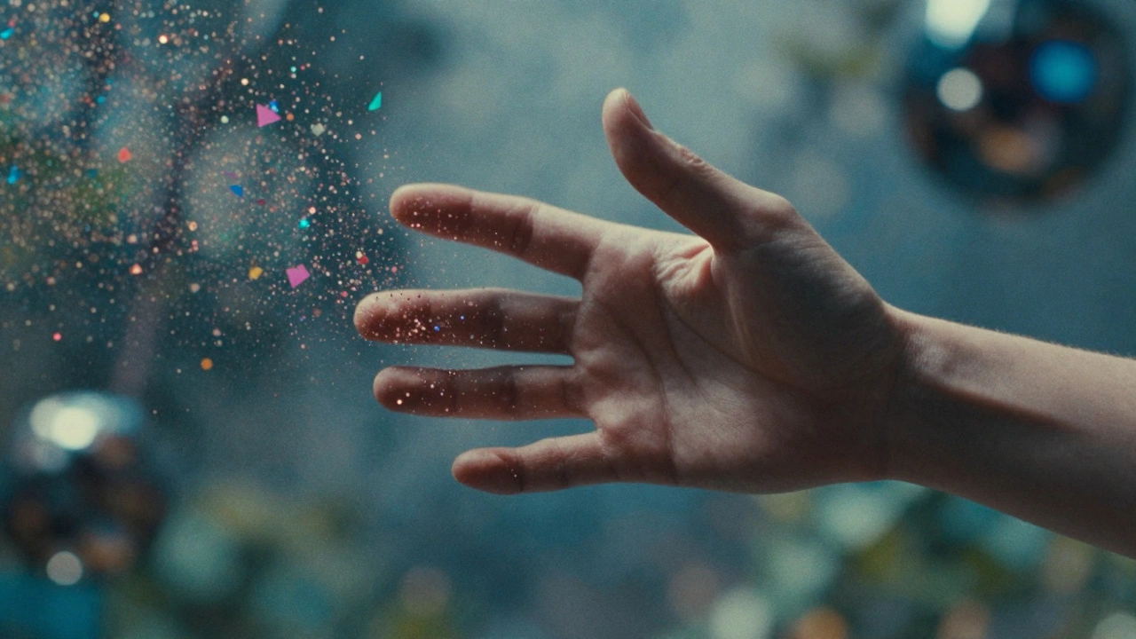 Реалистичная рука, превращающаяся в геометрические частицы.