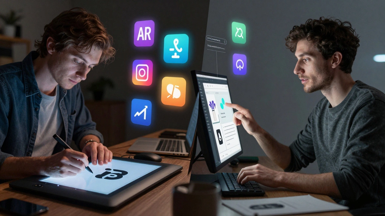 Сравнение традиционного дизайна и работы с ИИ-инструментами в цифровой среде.