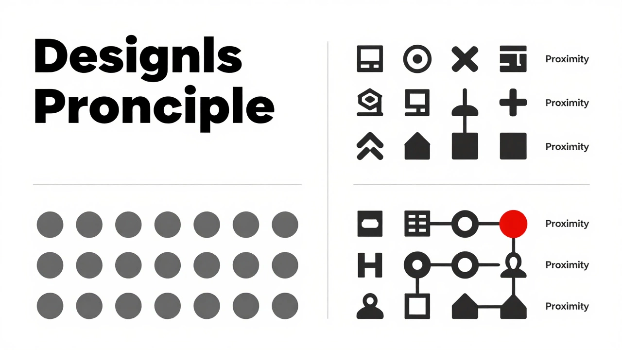 Визуальное объяснение четырёх принципов графического дизайна: контраст, баланс, повтор и близость.