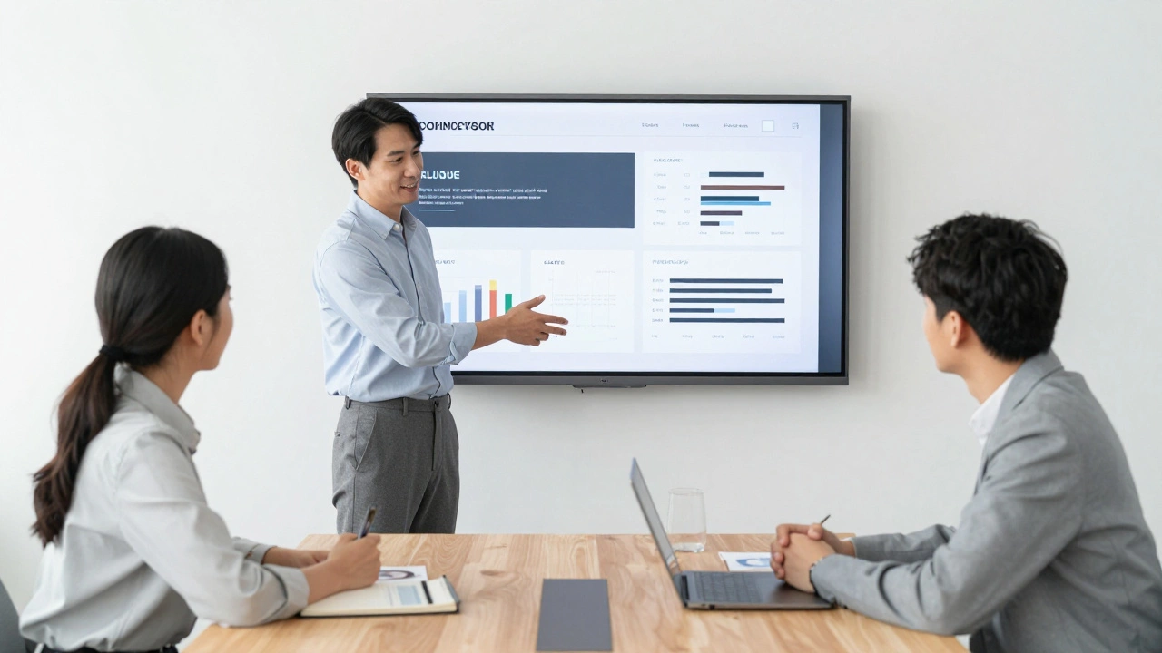 Дизайнер представляет проект арт-директору в современном агентстве