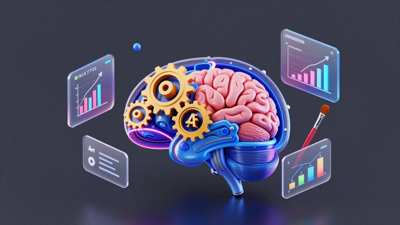 Концептуальная иллюстрация навыков продуктового дизайнера: аналитика, психология и искусство