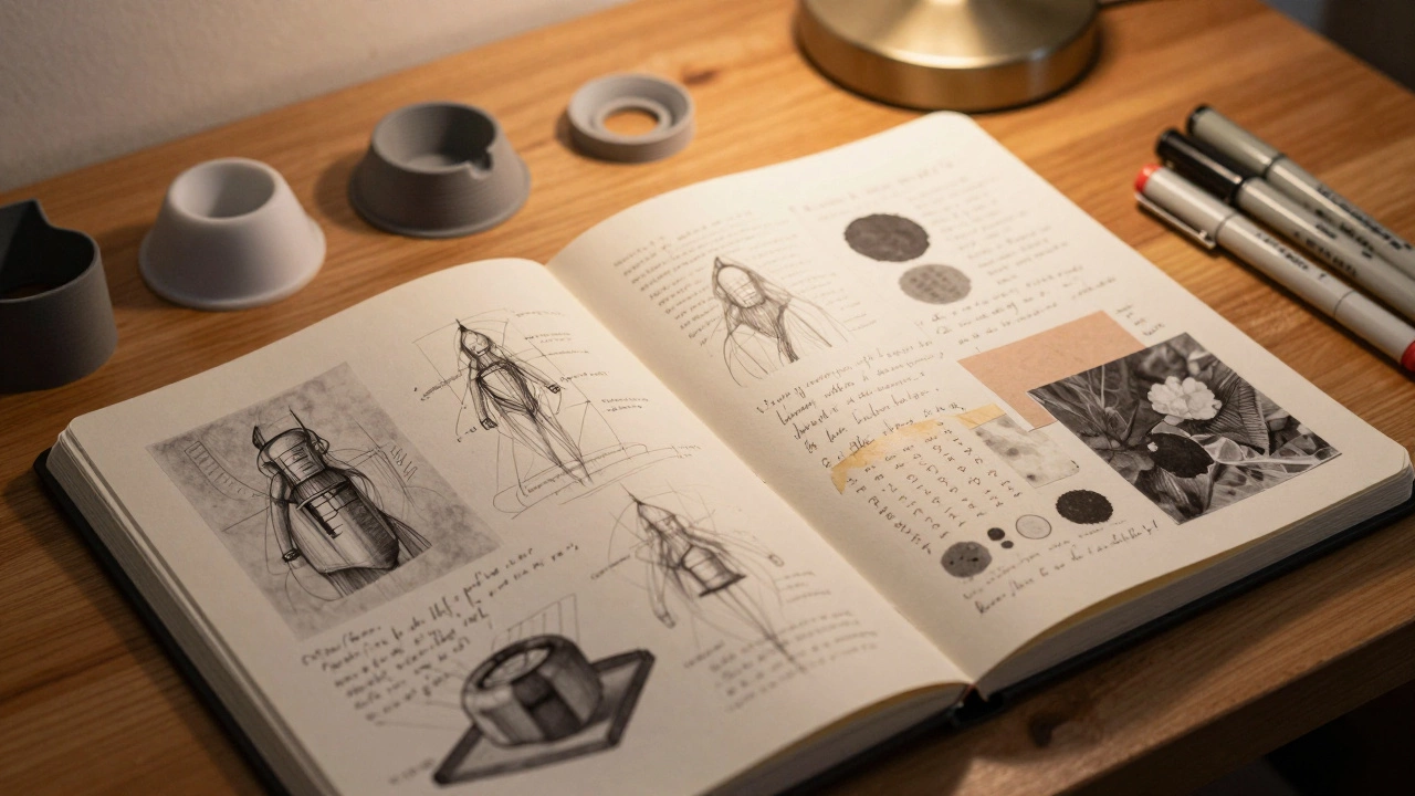Открытый скетчбук с набросками и заметками, демонстрирующий процесс разработки дизайна