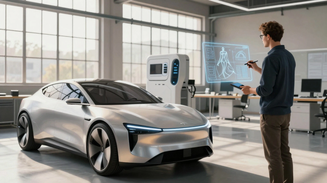Студия промышленного дизайна с прототипом электромобиля и медицинского оборудования